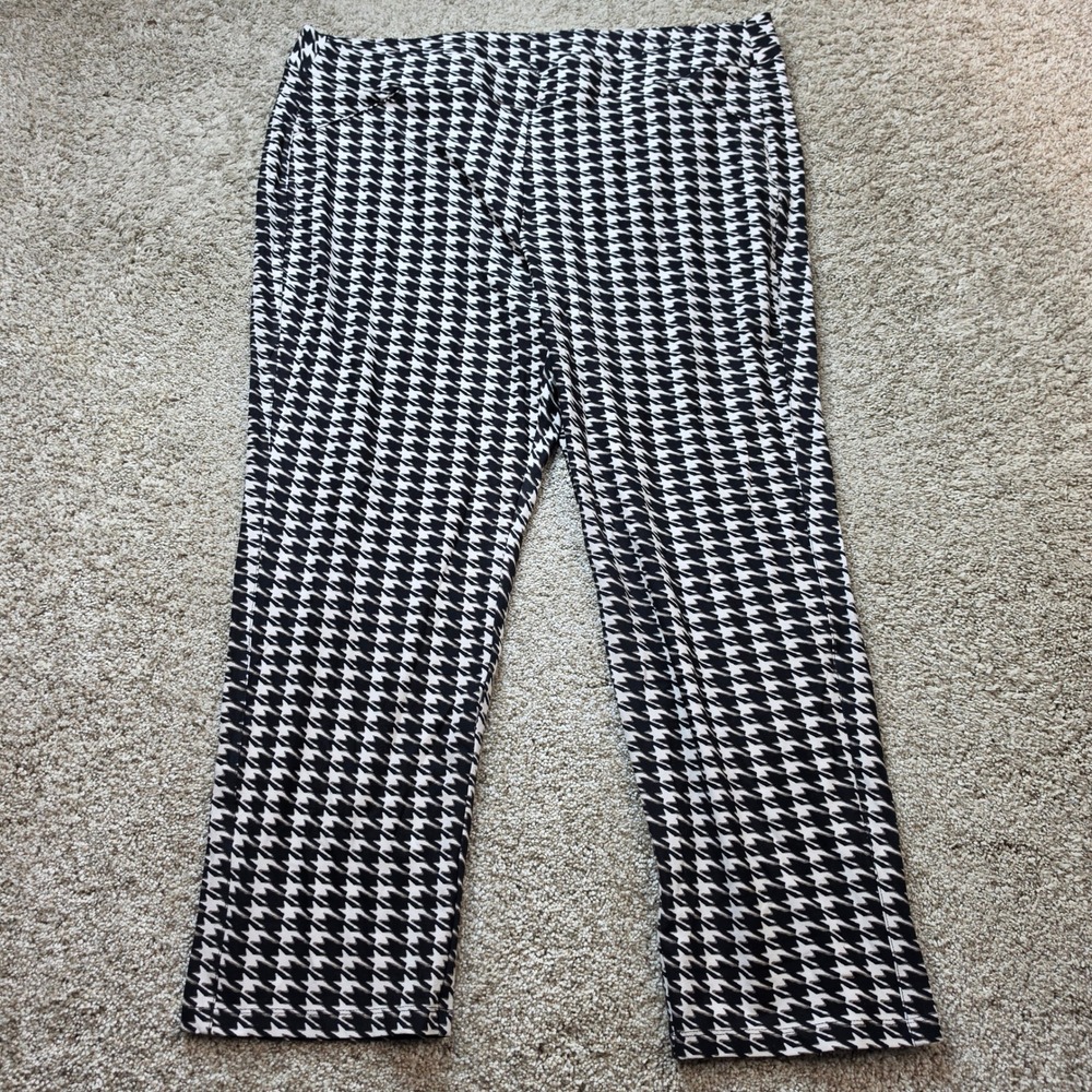 Chicos Travelers Pants Womens 4R 20 Houndstooth Black White Stretch Career Ankle
